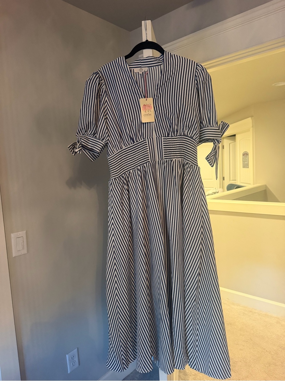 entro Blue and White Striped Midi Dress with Waist Panel and Tie Sleeves
